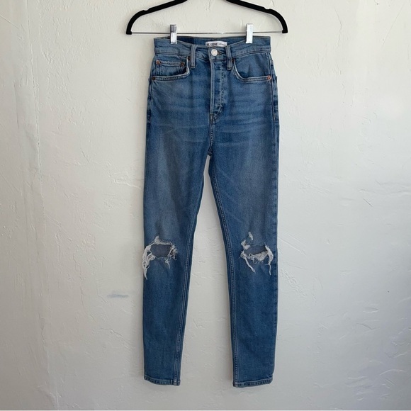 RE/DONE Ultra High Rise Button Fly Distressed Fade Away Dust Skinny Jeans - Picture 3 of 11